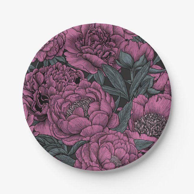 Purple peony flowers paper plates (Front)
