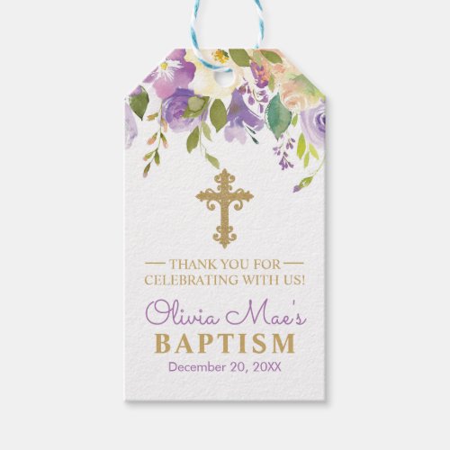 Purple Peony Girl Baptism Purple  Gold Favor Gift Tags