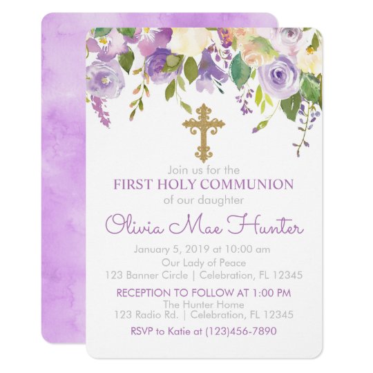 Purple Peony Girl First Holy Communion Invitation | Zazzle.com