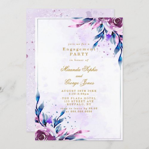 Purple Peony Gold Geometric Engagement Party Invitation