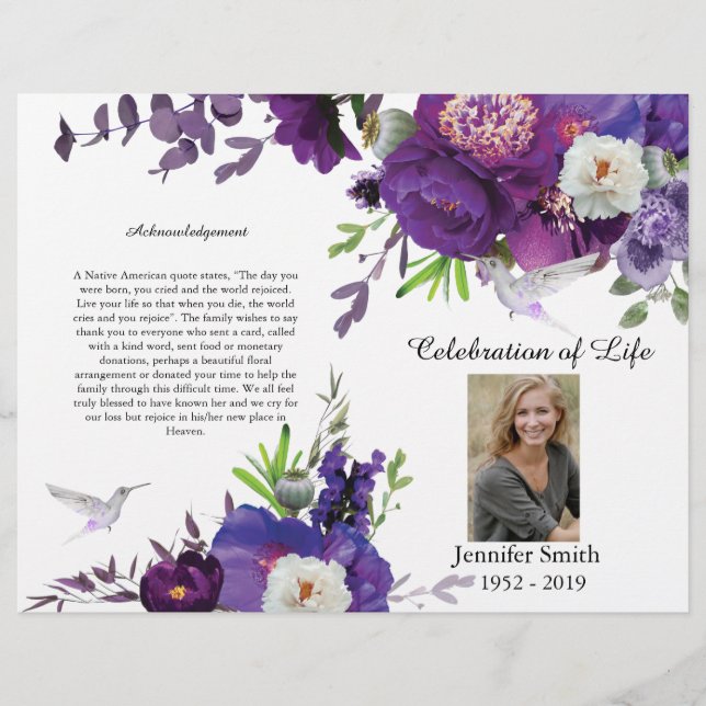 Purple Peony Hummingbird Funeral Program Flyer (Front)