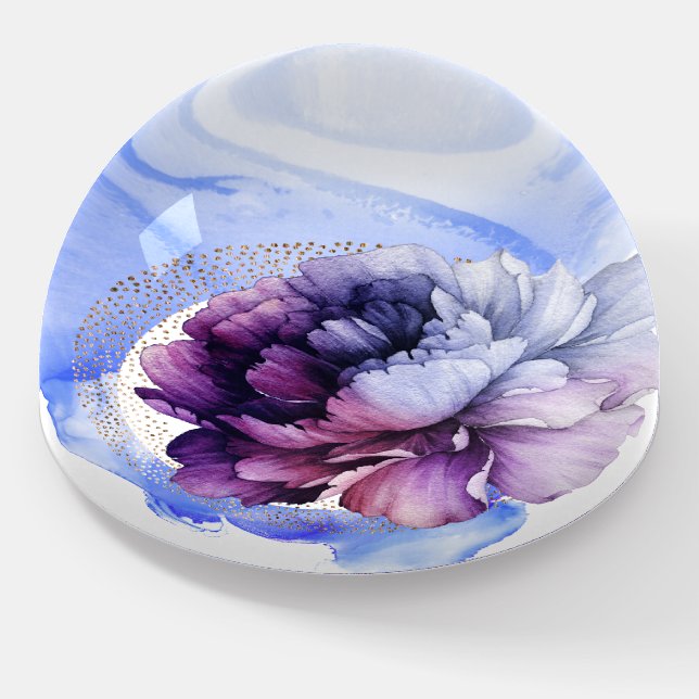 Purple Peony in Blue Swirl Dome Paperweight (Angled)