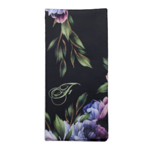 Purple Peony Noir Black Cloth Napkin