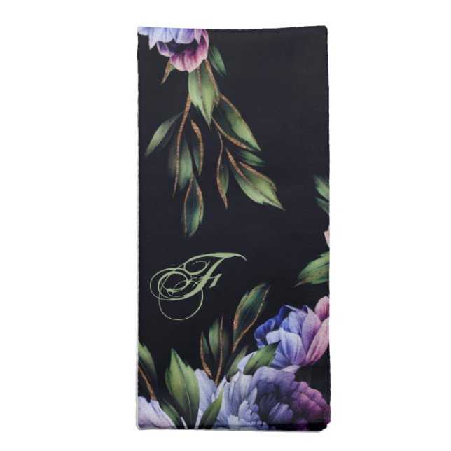 Purple Peony Noir Black  Cloth Napkin (Folded)