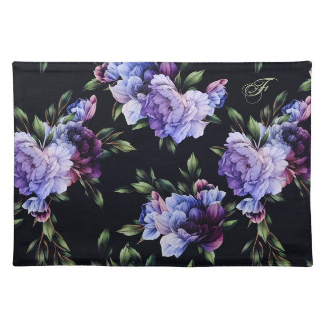 Purple Peony Noir Black Personalized Placemat (Front)