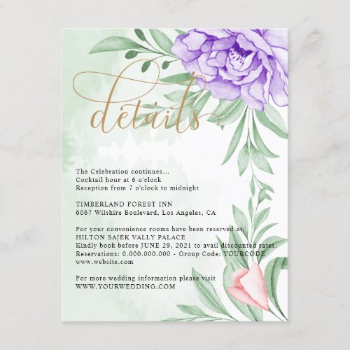 Purple Peony Rose Greenery Leaves Wedding Details Enclosure Card