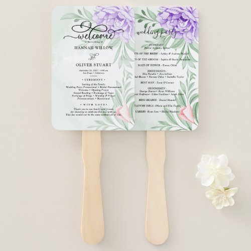  Purple Peony Rose Greenery Leaves Wedding Program Hand Fan