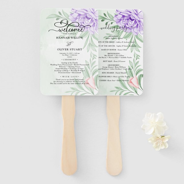  Purple Peony Rose Greenery Leaves Wedding Program Hand Fan (Front and Back)