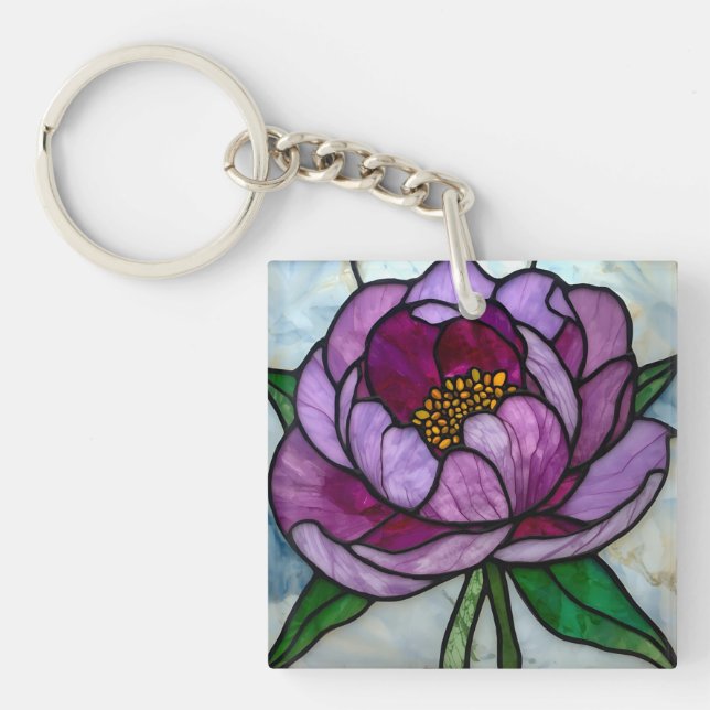 Purple Peony Stained Glass Keychain (Front)