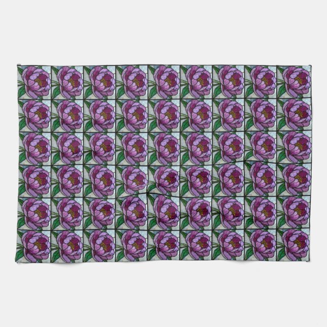 Purple Peony Stained Glass Kitchen Towel (Horizontal)