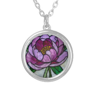 Purple Peony Stained Glass Silver Plated Necklace