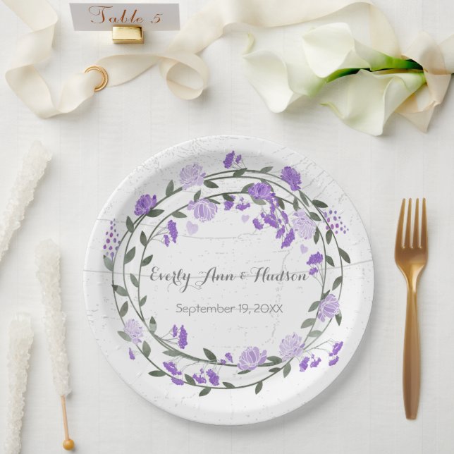 Purple Peony Watercolor Photo Wedding Paper Plates (Wedding)