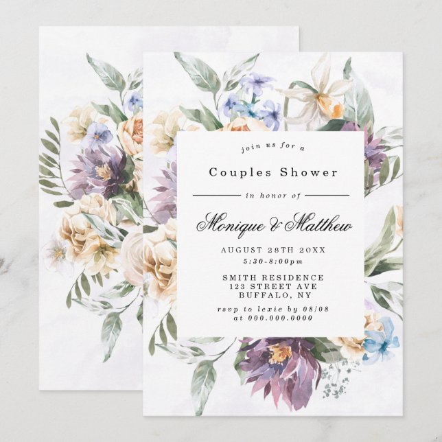 Purple Peony Wildflowers Couples Shower Invites (Front/Back)