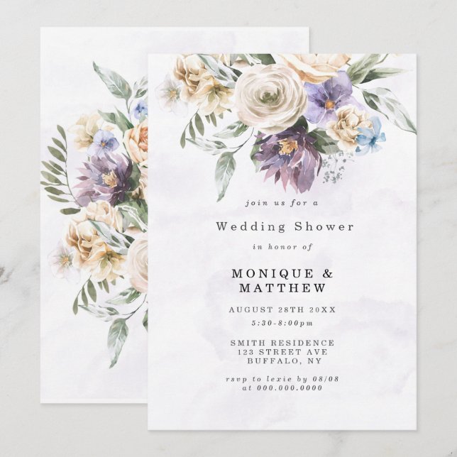 Purple Peony Wildflowers Wedding Shower Invitation (Front/Back)