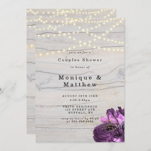 Purple Peony Wood Lights Couples Shower Invite