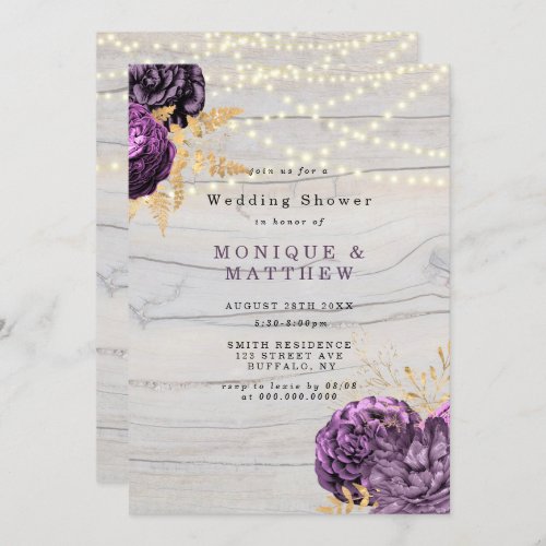 Purple Peony Wood Lights Wedding Shower Invite