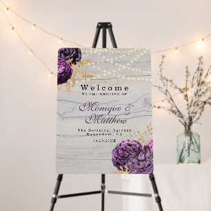 Purple Peony Wood lights Wedding Welcome Sign