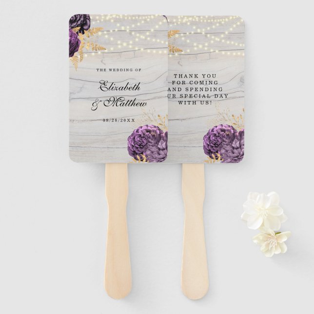 Purple Peony Wood String Of Lights Wedding Hand Fan (Front and Back)