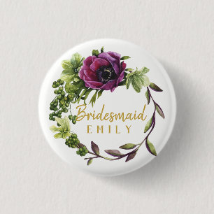 Purple Peony Wreath Bridesmaid Name ID456 Pinback Button