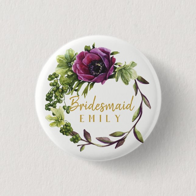 Purple Peony Wreath Bridesmaid Name ID456 Pinback Button (Front)