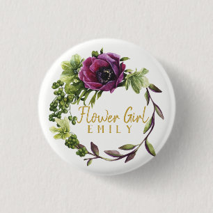 Purple Peony Wreath Flower Girl Name ID456 Button