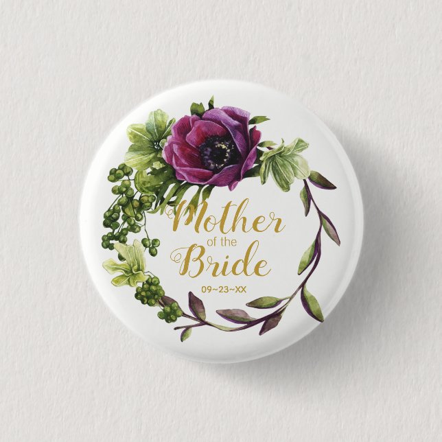 Purple Peony Wreath Mother of the Bride ID456 Pinback Button (Front)