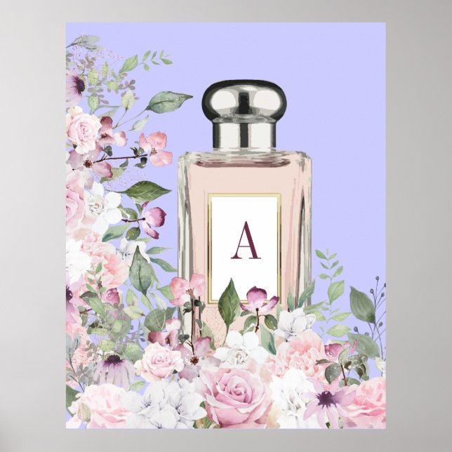 Purple Perfume Bottle Floral Pretty Chic Monogram Poster (Front)