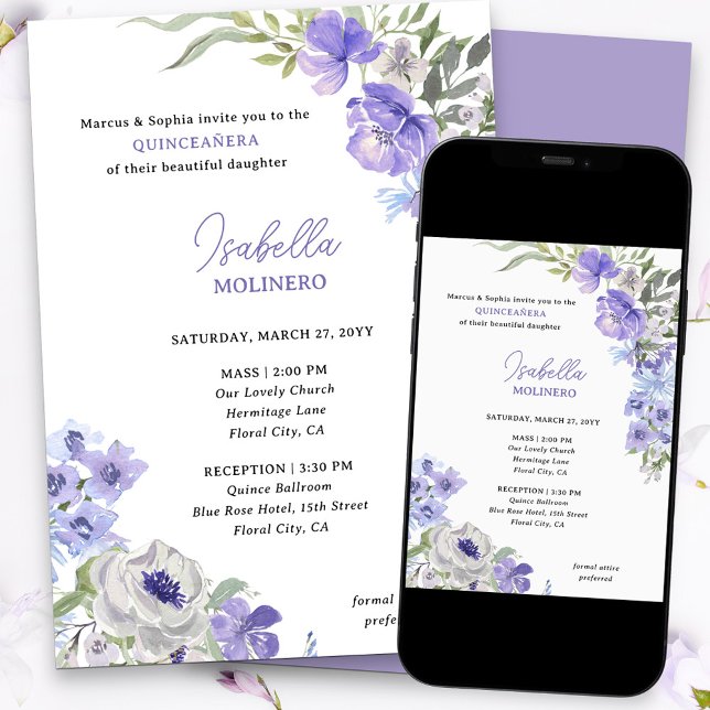 Purple Peri Floral Elegant Quinceanera and Mass Invitation (Purple floral quinceanera invitation)