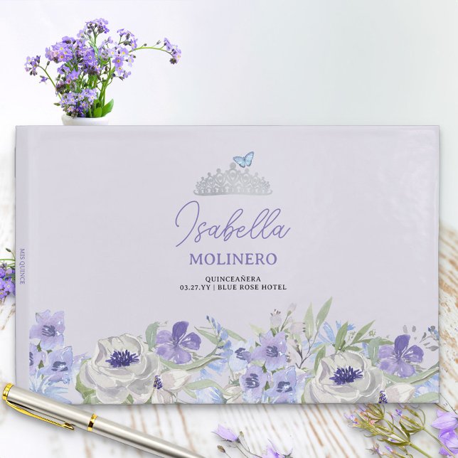 Purple Peri Floral Quinceanera Reception Guest Book (Guest book with pretty border of purple lilac and blue flowers to personalize for any girly occasion)