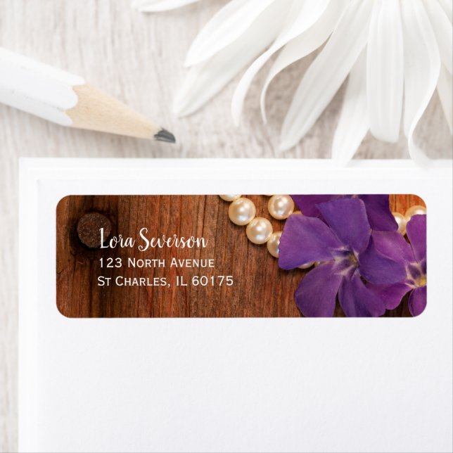 Purple Periwinkle, Pearls and Barn Wood Country Label (Insitu)
