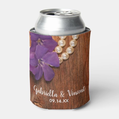 Purple Periwinkle Pearls Barn Wood Country Wedding Can Cooler