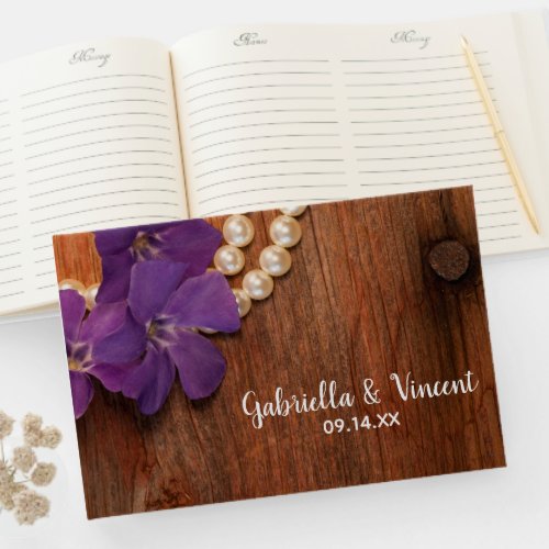 Purple Periwinkle Pearls Barn Wood Country Wedding Guest Book