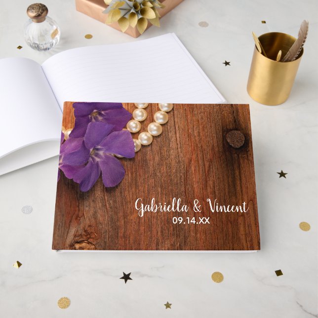Purple Periwinkle Pearls Barn Wood Country Wedding Guest Book (Front Open)