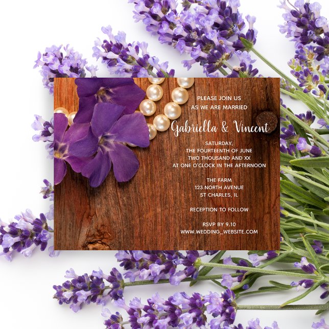 Purple Periwinkle Pearls Barn Wood Country Wedding Magnetic Invitation (Creator Uploaded)