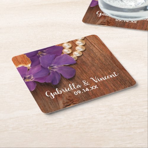 Purple Periwinkle Pearls Barn Wood Country Wedding Square Paper Coaster