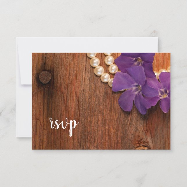 Purple Periwinkle, Pearls Barn Wood Wedding RSVP (Front)