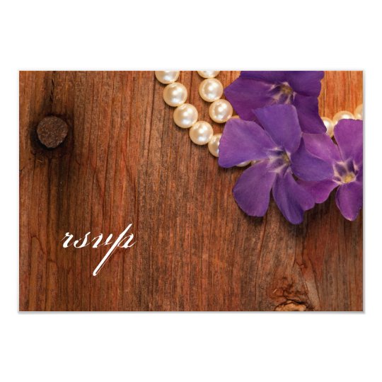 Purple Periwinkle, Pearls Barn Wood Wedding RSVP Card