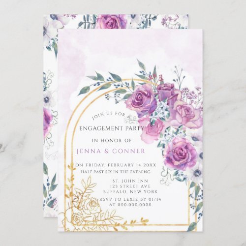 Purple Periwinkle Peony Gold Engagement Party Invitation