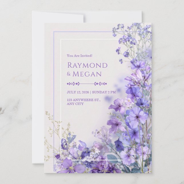 Purple Periwinkle Wildflower Romantic Frame Invitation (Front)