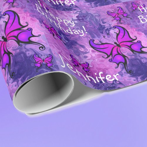 Purple Personalize Name Butterfly Roll of Birthday Wrapping Paper