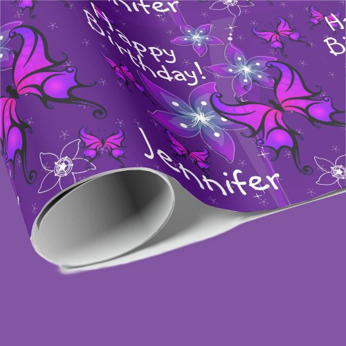 Purple Personalize Name Butterfly Roll of Wrapping Paper