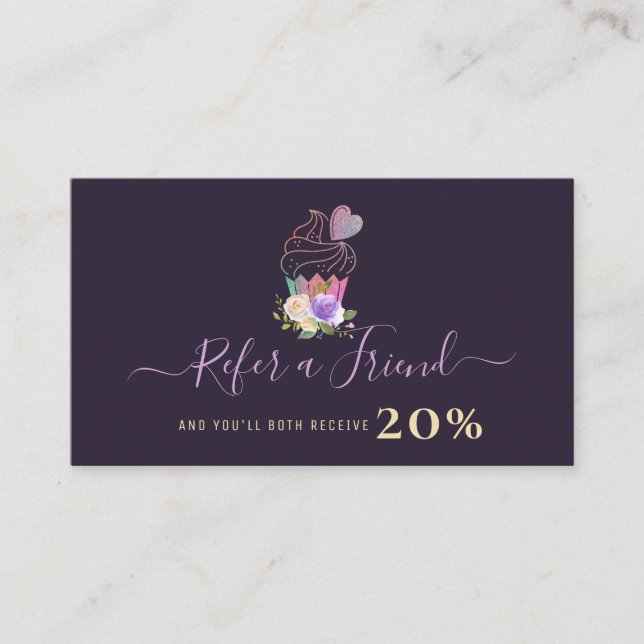 purple personalized cakery business referral card (Front)