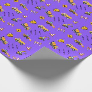 Purple Personalized Construction Birthday Wrapping Paper