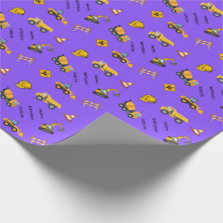 Purple Personalized Construction Birthday Wrapping Paper