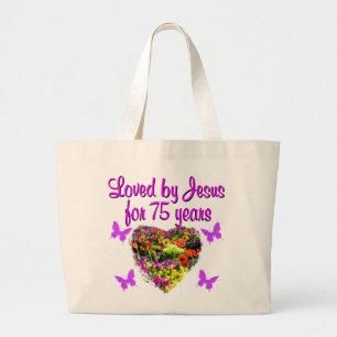 PURPLE PERSONALIZED FLORAL 75TH BIRTHDAY DESIGN LARGE TOTE BAG