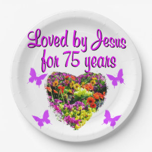 PURPLE PERSONALIZED FLORAL 75TH BIRTHDAY DESIGN PAPER PLATES
