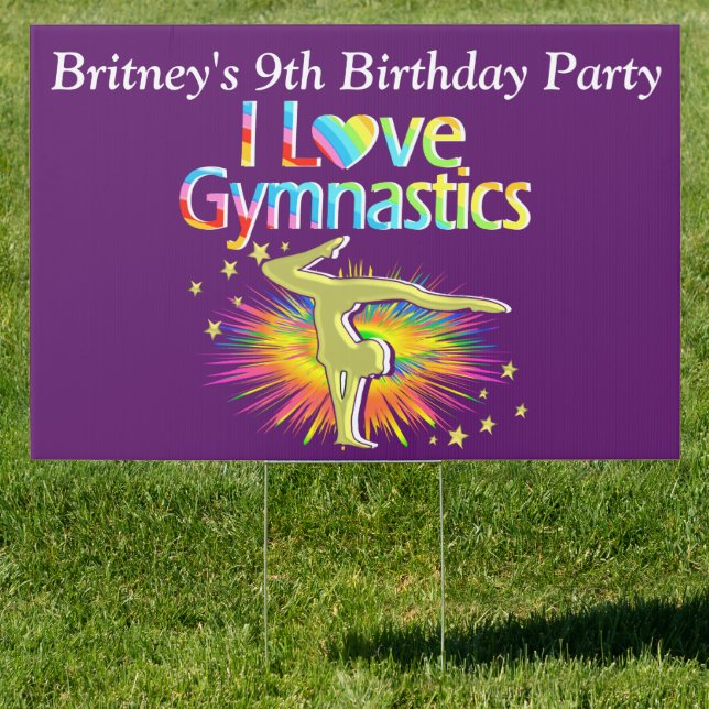 PURPLE PERSONALIZED I LOVE GYMNASTICS YARD SIGN (Insitu)