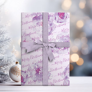 Purple Personalized Merry Christmas Script Floral Wrapping Paper