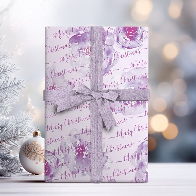 Purple Personalized Merry Christmas Script Floral Wrapping Paper (Purple Personalized Merry Christmas Script Floral Wrapping Paper)