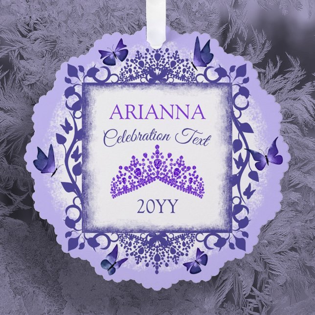 Purple Personalized Paper Ornament with Name (purple tiara and butterflies christmas tree ornament with custom message personalized paper ornament)